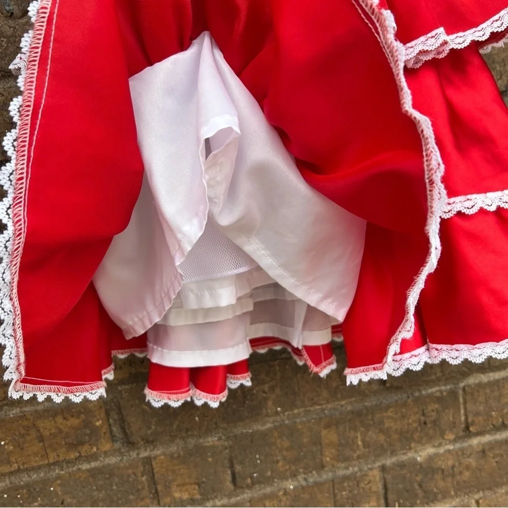 Vintage 80s/90s Red Ruffle White Lace Dress -Embroidered Roses Sz 5